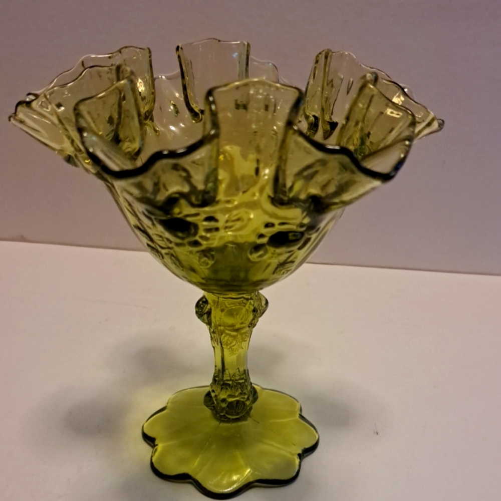 Fenton vintage green glass ruffled cabbage rose candy dish 6.25" tall